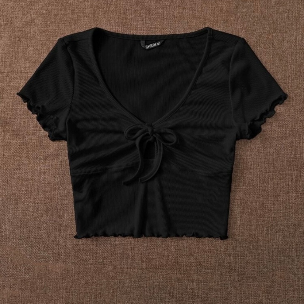 SHEIN Lettuce Trim Tie Front Rib-knit Peekaboo Top